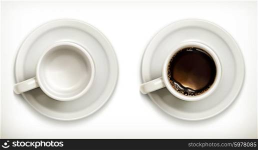 Empty and full coffee cups, vector icons set