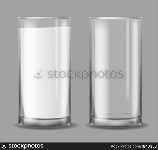 Empty and full milk glass. Realistic glasses with white liquid. Cup with yogurt or kefir, morning dairy beverage organic product, diet or kids nutrition, cooking ingredient, vector isolated 3d set. Empty and full milk glass. Realistic glasses with white liquid. Cup with yogurt or kefir, morning dairy beverage organic product, diet or kids nutrition, cooking ingredient, vector set