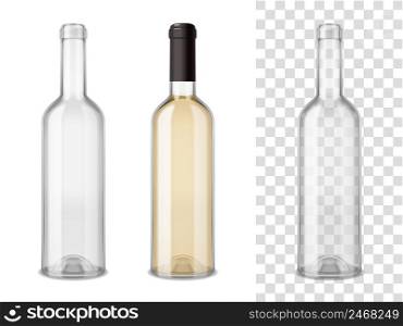 Empty and sealed by cap filled wine glass bottles realistic set on white and transparent mixture backgrounds vector illustration . Wine Blass Bottles Set