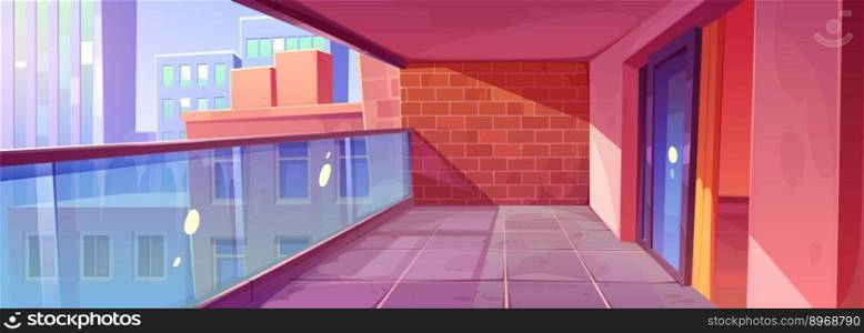Empty apartment balcony interior with city view. Vector cartoon illustration of modern house or hotel building terrace with brick wall and glass door. Urban skyscrapers outside. Downtown background. Empty apartment balcony interior with city view