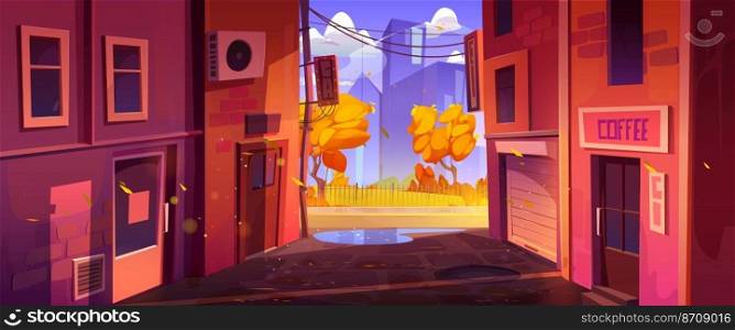 Empty back alley and city street with houses at autumn. Town fall landscape with alleyway between old buildings, trash bins, boxes, park with orange trees and puddle, vector cartoon illustration. Empty back alley and city street at autumn day