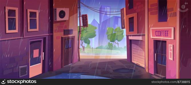 Empty back alley and city street with houses at rainy summer day. Town landscape with alleyway between old buildings, trash bins, boxes, park with green trees and puddle, vector cartoon illustration. Empty back alley and city street at rainy day