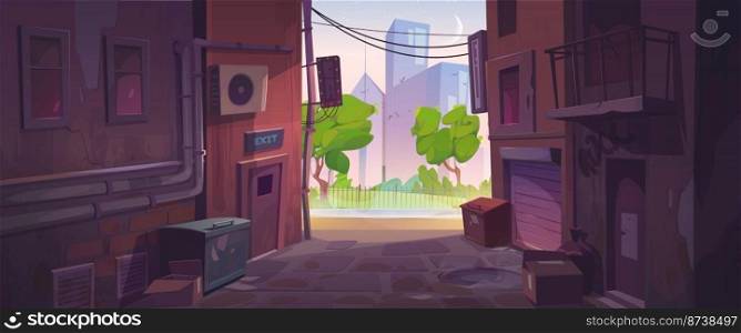 Empty back alley and city street with houses at sunrise early morning. Town landscape with alleyway between old buildings, trash bins, boxes and pink sky with moon, vector cartoon illustration. Empty back alley and city street at sunrise
