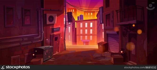 Empty back alley and city street with houses at sunset. Town landscape with alleyway between old buildings, trash bins, boxes and sun rays in sky, vector cartoon illustration. Empty back alley and city street at sunset