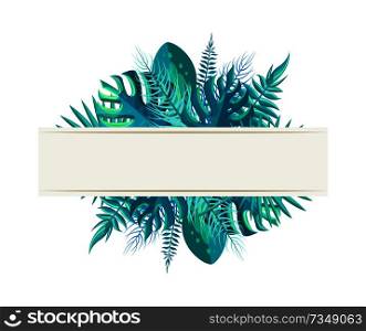 Empty banner tropical plant leaves in blue color. Blank poster with exotic branches from bushes and palms. Tropic frame vector illustration.. Empty Banner with Tropical Plants Leaves in Blue