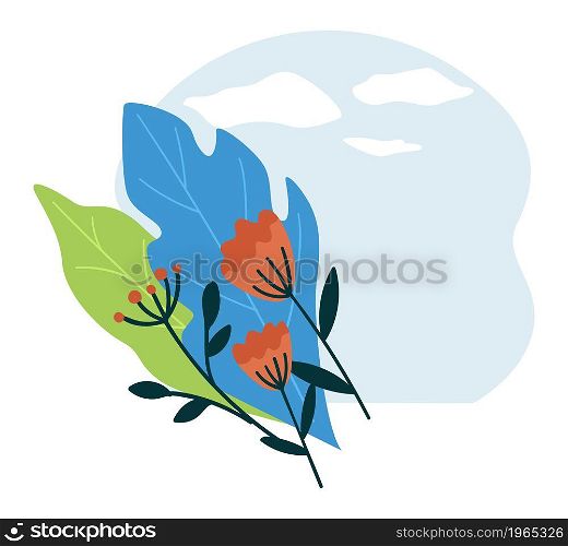 Empty banner with floral ornaments, leaves and foliage with blooming flowers. Banner with copyspace and background of sky with clouds. Natural and romantic card designs. Vector in flat style. Floral banner with flourishing flowers and leaves