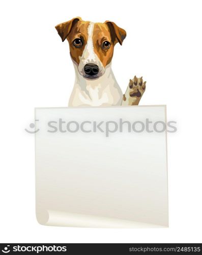 Empty banner with realistic jack russell terrier dog vector illustration. Dog with template isolated on white background. For print, design, T-shirt, banner, poster. Vector illustration
