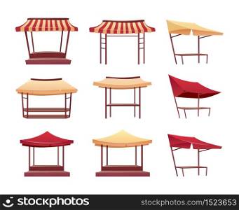 Empty bazaar awnings cartoon vector illustrations set. Blank street market stalls with canopy flat color object. Fair trade tents, marketplace retail kiosks isolated on white background collection