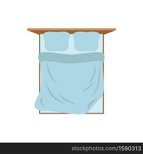Empty Bed top view isolated. Pillow and blanket. Tucked Double bed on white background