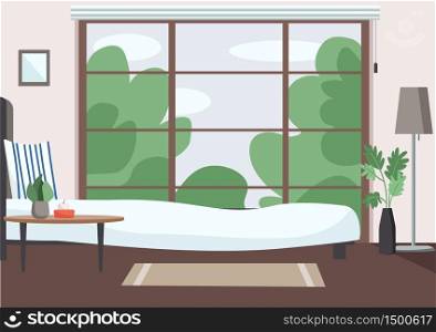 Empty bedroom flat color vector illustration. Modern apartment 2D cartoon interior with big window on background. Contemporary home interior decor, cozy accommodation. Comfortable room at daytime. Empty bedroom flat color vector illustration