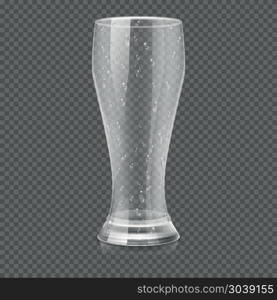 Empty beer glass cup isolated on transparent checkered background vector illustration. Empty beer glass cup isolated on transparent checkered background vector illustration. Transparent mug for beverage and water