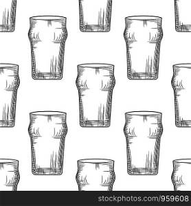 Empty beer glass seamless pattern. Beer mug backdrop. Alcoholic beverage design. Engraving style. Design for fabric, textile print, wrapping paper. Vector illustration. Empty beer glass seamless pattern. Beer mug backdrop.