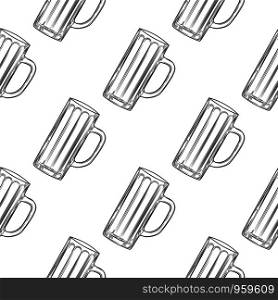 Empty beer mug seamless pattern. Beer glasses backdrop. Alcoholic beverage design. Engraving style. Design for fabric, textile print, wrapping paper. Vector illustration. Empty beer mug seamless pattern. Beer glasses backdrop.