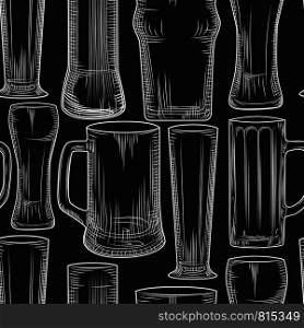 Empty beer mug seamless pattern on black chalkboard. Engraving style. Alcoholic beverage design. Beer glasses backdrop. Hand drawn vector illustration on white background. Empty beer mug seamless pattern on black chalkboard.