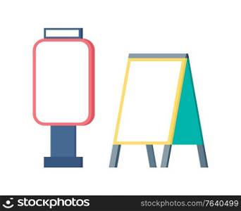 Empty billboard and ad, design of standing cleaner broadsheet, vertical view of advertising board. Info placard, template of publicity, display vector. Empty Billboard and Ad, Advertising Board Vector