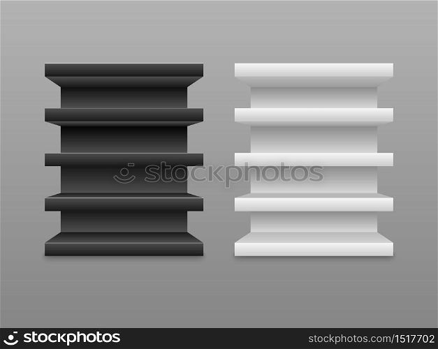 Empty black and white shelves isolated on grey background, vector illustration