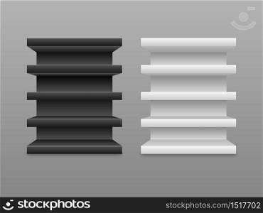 Empty black and white shelves isolated on grey background, vector illustration