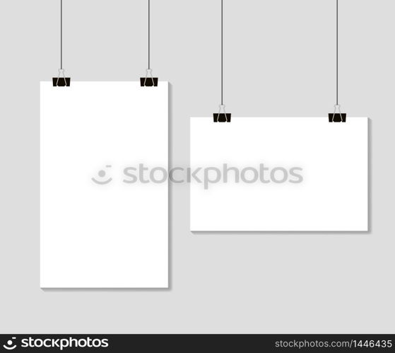 Empty Blank paper sheets hanging on binder clips. Mockup template format A4 on grey background. vector eps10. Empty Blank paper sheets hanging on binder clips. Mockup template format A4 on grey background. vector