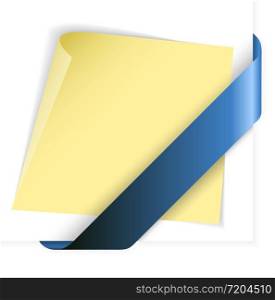 Empty blue corner ribbon holding yellow paper