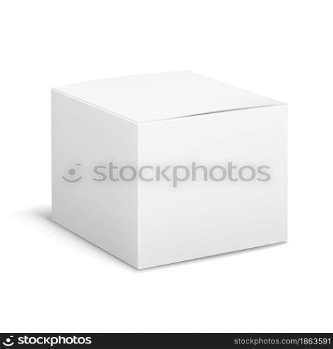 Empty box white. Cubic cosmetic cardboard box angle view, blank package with shadows, medicine product packaging template. Advertising realistic mockup for branding. Vector 3d isolated illustration. Empty box white. Cubic cosmetic cardboard box angle view, blank package with shadows, medicine product packaging template. Advertising realistic mockup for branding. Vector illustration