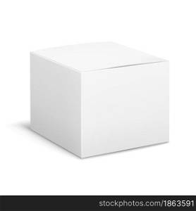 Empty box white. Cubic cosmetic cardboard box angle view, blank package with shadows, medicine product packaging template. Advertising realistic mockup for branding. Vector 3d isolated illustration. Empty box white. Cubic cosmetic cardboard box angle view, blank package with shadows, medicine product packaging template. Advertising realistic mockup for branding. Vector illustration