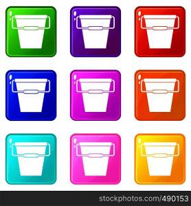 Empty bucket icons of 9 color set isolated vector illustration. Empty bucket set 9