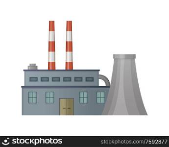 Empty buildings of factory vector, industrial business enterprise exterior isolated flat style. Plant harmful for ecology of planet, gas emission. Factory Industrial Works, Building of Steel Vector