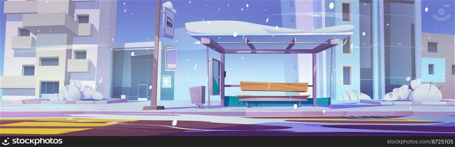 Empty bus stop in winter city. Cartoon vector illustration of public transport station covered with snow against urban architecture background. Snowfall in town street with modern buildings and road. Empty bus stop in winter city, cartoon vector