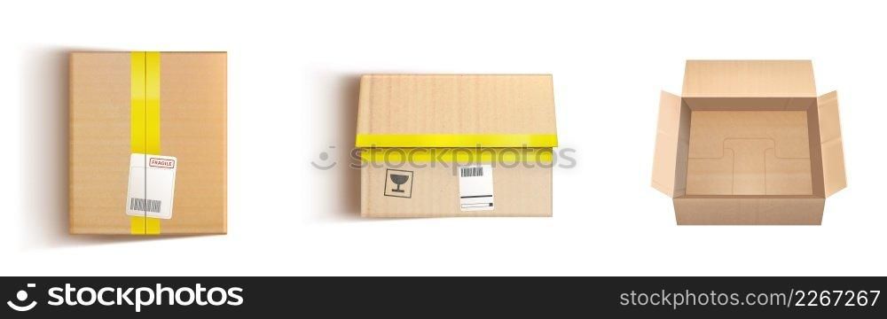Empty cardboard boxes, brown carton package with yellow adhesive tape and stickers. Vector realistic mockup of top view of open and closed crates for fragile cargo isolated on white background. Empty cardboard boxes, brown carton package