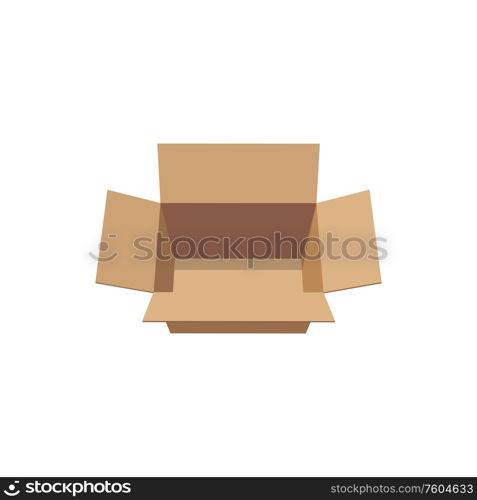 Empty carton box vector cardboard packaging mockup. Vector delivery sign, open carton pack top view. Cardboard box isolated mockup. Vector empty pack
