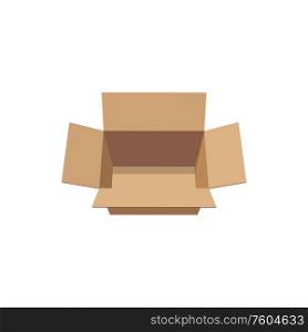 Empty carton box vector cardboard packaging mockup. Vector delivery sign, open carton pack top view. Cardboard box isolated mockup. Vector empty pack