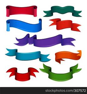 Empty cartoon ribbons and banners. Vector illustrations for ui game. Colored ribbon banner group for game ui. Empty cartoon ribbons and banners. Vector illustrations for ui game