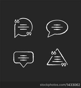 Empty chat bubbles with quotation marks chalk white icons set on black background. Textbox with quotes. Empty comment templates. Dialogue box. Isolated vector chalkboard illustrations. Empty chat bubbles with quotation marks chalk white icons set on black background