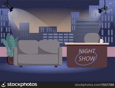 Empty chat show studio flat color vector illustration. Evening talk show shooting stage 2D cartoon interior with decorations on background. Host desk and guest couch with no people in spotlights. Empty chat show studio flat color vector illustration