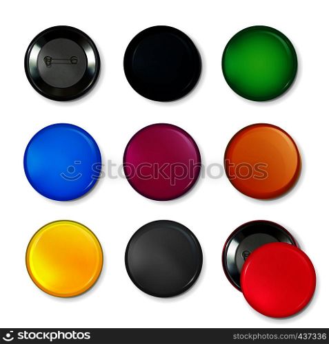 Empty circle badges or buttons at different colors. Vector illustrations. Color badge pin collection. Empty circle badges or buttons at different colors. Vector illustrations
