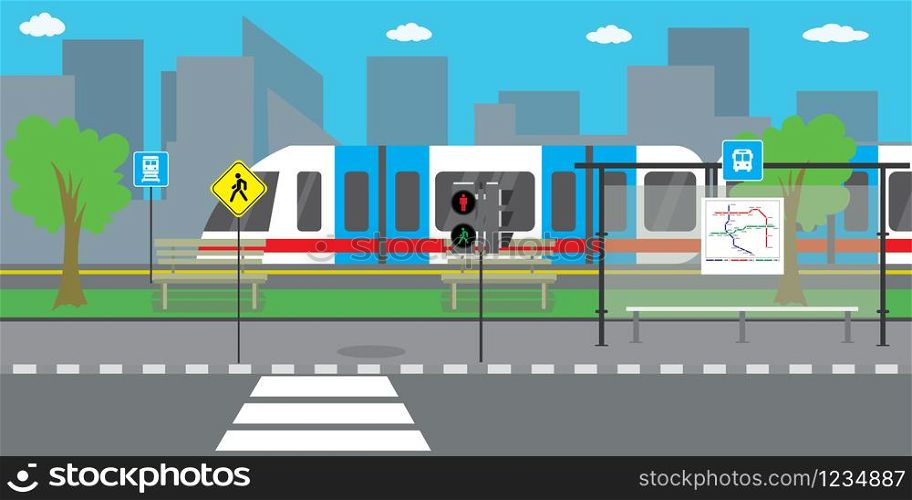 Empty City street and road,modern train or subway,public transport stop,urban life concept,outdoor flat vector illustration.