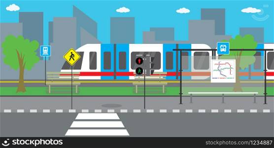 Empty City street and road,modern train or subway,public transport stop,urban life concept,outdoor flat vector illustration.