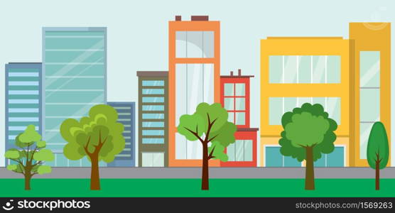 Empty City street and trees,urban life concept,outdoor flat vector illustration. Empty City street and trees,urban life concept,