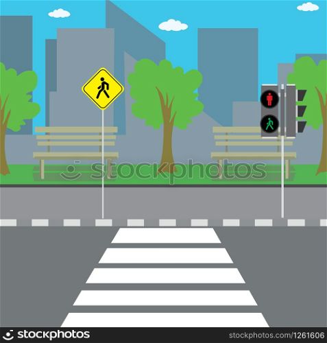 Empty city street,crosswalk with road sign and traffic light,flat vector illustration