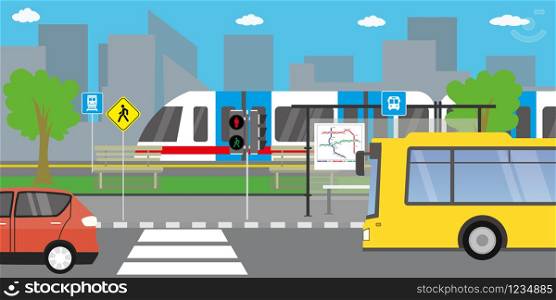 empty city street,road with different public transport,urban life concept,outdoor flat vector illustration