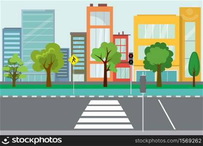 Empty City street,trees and road public,urban life concept,outdoor flat vector illustration. Empty City street,trees and road public