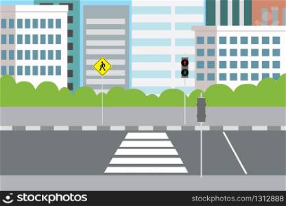 empty city street with pedestrian crossing and traffic lights,flat vector illustration. empty city street with pedestrian crossing and traffic lights,