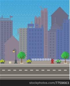 Empty city vector illustration. City downtown landscape with skyscraper silhouettes. Design for mobile app, computer game. Low-rise apartment buildings on background of sky. Modern town architecture. City downtown landscape with skyscraper silhouettes. Low-rise buildings on background of sky