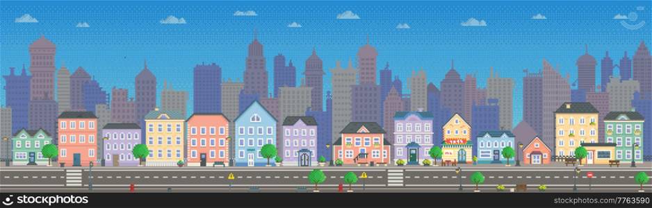 Empty city with long road along pixelated houses vector. City downtown landscape with colored buildings. Design for mobile app, computer game. Low-rise apartment buildings in pixel style. Empty city with long road along houses vector illustration. City downtown landscape in pixel style