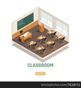 Empty classroom interior in high school with desks table board chair 3d isometric composition vector illustration