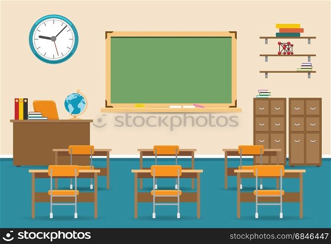 Empty classroom interior with blackboard. Empty classroom vector illustration. Nobody school class room interior with blackboard