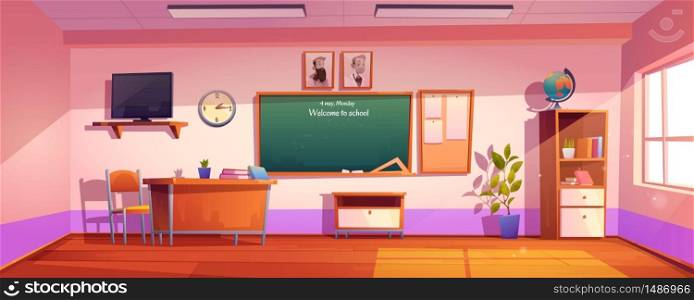 Empty classroom with inscription Welcome to school on chalkboard. Vector cartoon illustration of class interior with globe, books on desk and blanck poster and lcd monitor on wall. Empty classroom with inscription Welcome to school