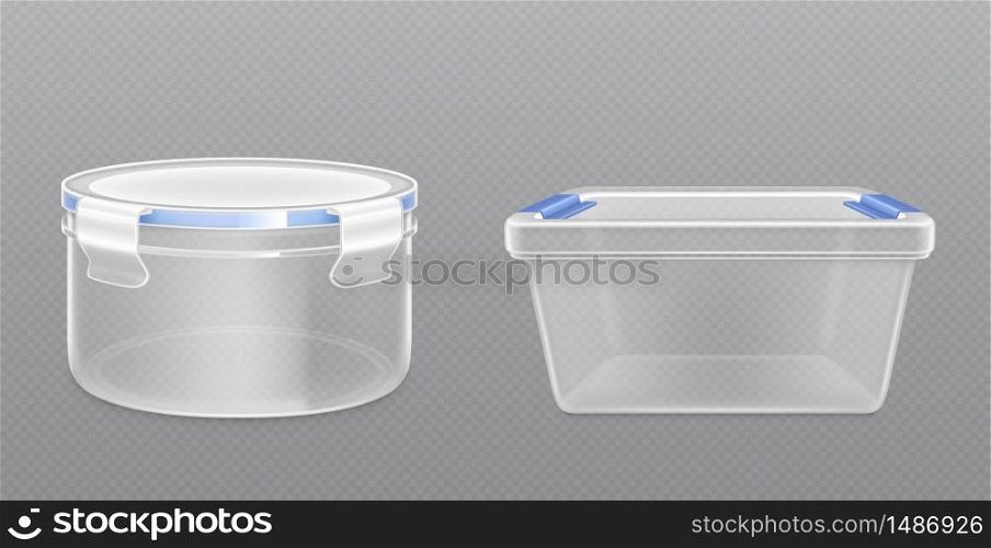 Empty clear package box closed by lid. Vector realistic mockup plastic container, kitchen bucket for dry products isolated on transparent background. Clear empty plastic bucket front view