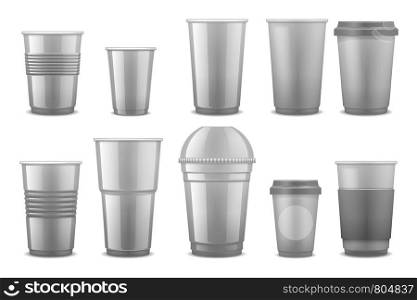 Empty clear white plastic disposable cups, takeaway containers for cold beverage, soda, tea and coffee vector template isolated. Illustration of cup and mug takeaway, clear container. Empty clear white plastic disposable cups, takeaway containers for cold beverage, soda, tea and coffee vector template isolated