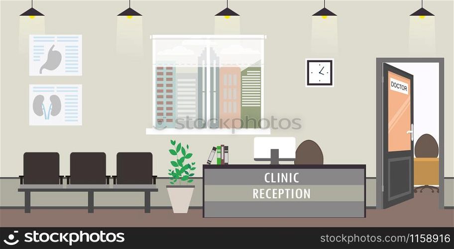 Empty Clinic reception interior,modern furniture, cartoon vector illustration. Empty Clinic reception interior,modern furniture,